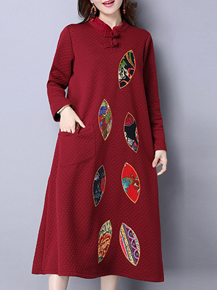 Mulheres &eacute;tnicas de manga comprida de impress&atilde;o vestido de patchwork pocket