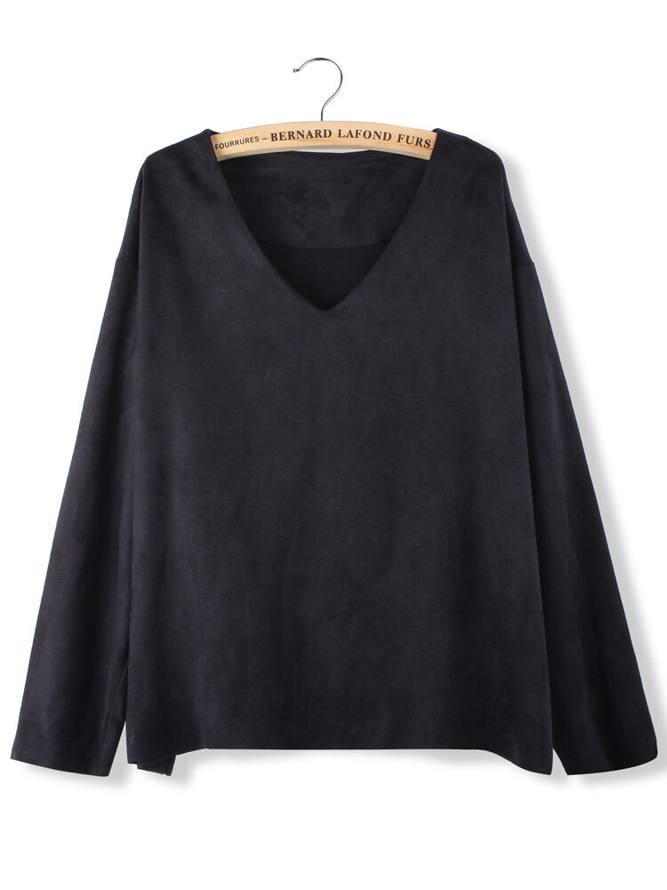 Women Casual V-Neck Long Sleeve Loose Pullover Sweatshirt