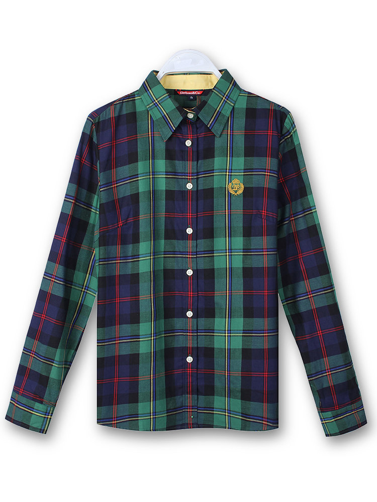 Vrouwen Katoenen Knoop Blouse Plaid Omlaag Lang Mouwen Shirt