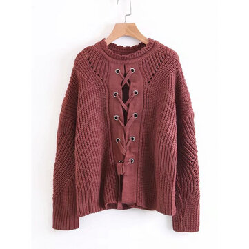 Sexy Women Lace Up Front Long Sleeve Pullover Sweater