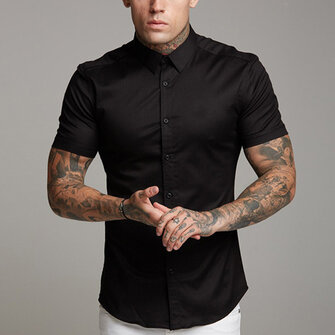 Mens Plus Size Solid Color Short Sleeve Lapel Button up Shir