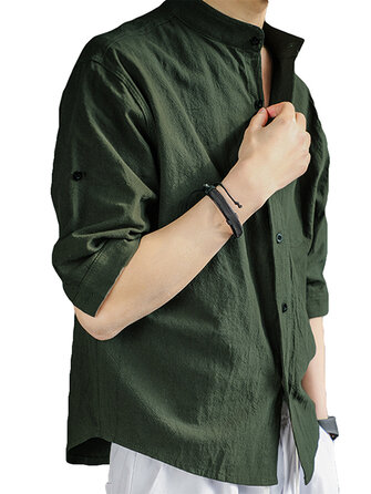 Luźne koszule męskie z krótkimi rękawami, lnem Pure Color