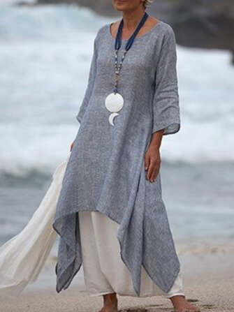 Damen Leinenbaumwolle mit 3/4 Ärmeln und hohem Saum Kleid