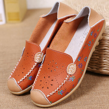 Women Leisure Shoes Breathable Hollow Out Flats Soft Sole Loafers Flower Printing Loafers