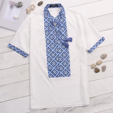 INCERUN Men Ethnic Style Printing Drawstring Summer Shirts