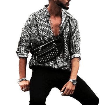 Mens Retro Ethnic Style Printing Fashionable Beach Shirts