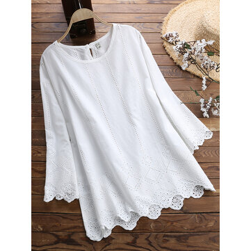 女性カジュアルルーズソリッド刺繍ブラウス