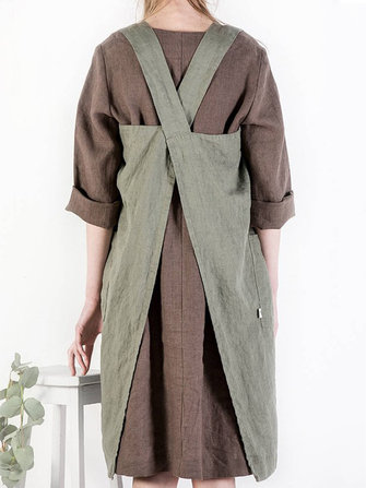 M-5XL Vintage Dames Effen Kleur Zijden Zakken Katoenen Jurk