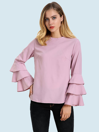 Elegante Mujer blusa de color s&oacute;lido manga campana camiseta con cuello en ola