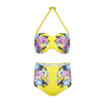 Women Sexy Spaghetti Halter Strap Floral Printed High-Waisted Push Up Bra Bikini Set 