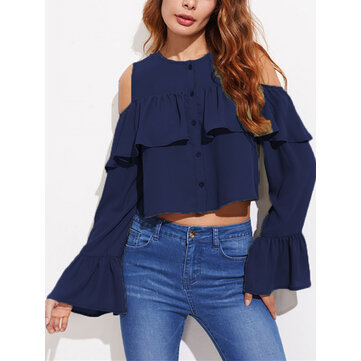 Plus Size Sexy Women Strapless Button Bell Sleeve Blouse