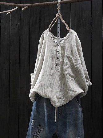 Mulheres Vintage Algodão Listrado Com Decote Em V Blusa Manga Longa
