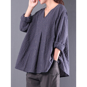 S-5XL Retro Women Plaid Loose Vintage Blouse