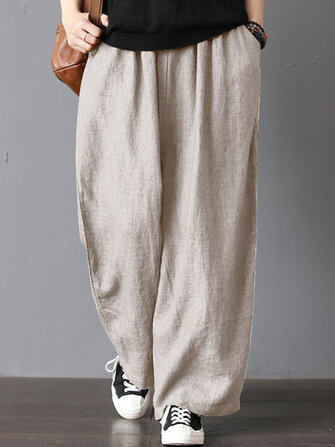 Mujer Pierna ancha sólida con cintura elástica alta Pantalones