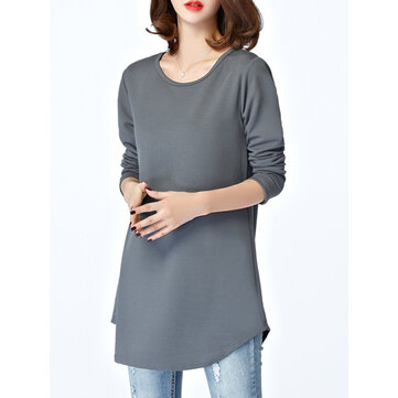 Casual Mulher manga comprida Pure Color O-Neck Irregular Hem T-shirt