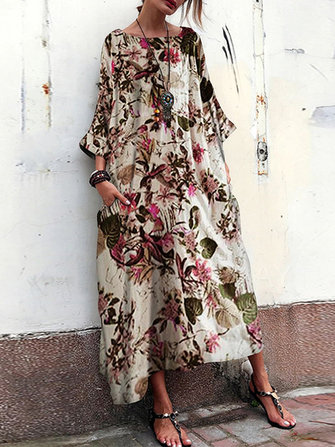 Women 3/4 Sleeve Crew Neck Floral Print Vintage Maxi Dress