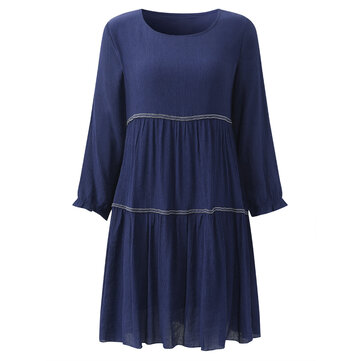 Casual Vrouwen Lantern Mouw O-Neck Pure Color Pleated Dress