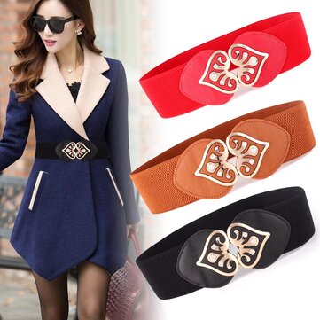 Women PU Leather Buckle Elastic Stretch Wide Waist Belt
