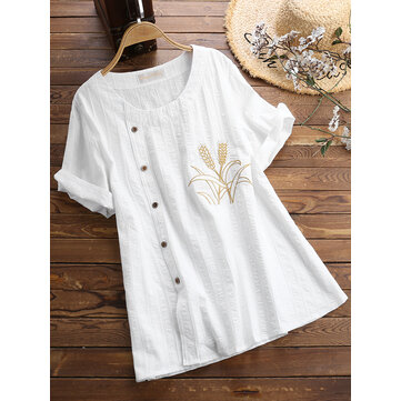 T-shirt de manga curta em torno do pescoço bordado de mulheres