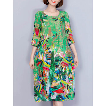 Mulheres Elegante Art Print 3/4 Manga Solta Vestido