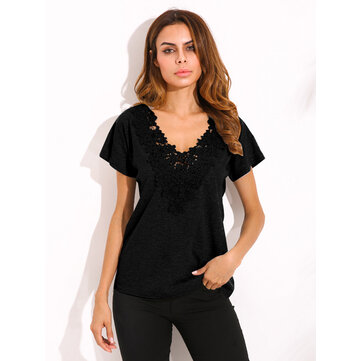 Plus tamanho S-5XL mulheres Sexy Crochet V Neck Top T-shirt