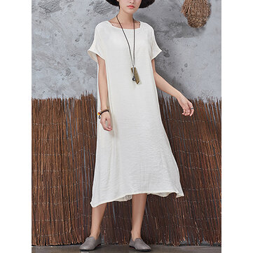 Casual dames vintage korte mouwen zakken jurk