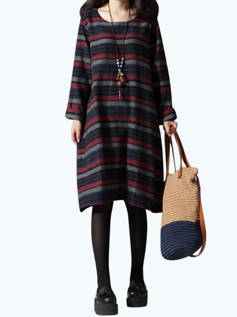 L&auml;ssige Damen Langarm gestreifte O-Ausschnitt lose Kleid mit Tasche