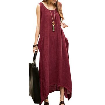 Vintage Casual Women Sleeveless High Low Cotton Maxi Dress