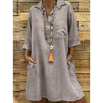 Mulheres cor sólida Turn Down Collar Half Sleeve Dress