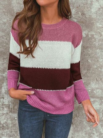 Maglioni a manica lunga con scollo a O color block a righe casual da donna