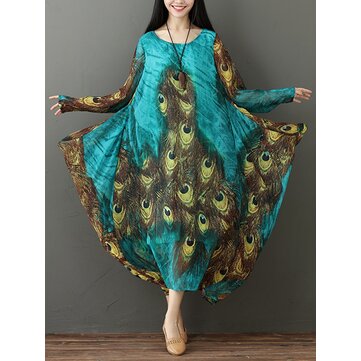 M-5XL خمر نساء الطاووس ريشة طباعة اللباس