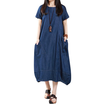 Casual Women Loose Denim Kieszenie Latarnia Maxi Dress