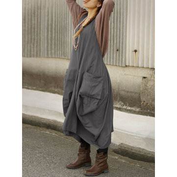 女性のヴィンテージノースリーブVネックストラップバッククロス固体エプロンドレス