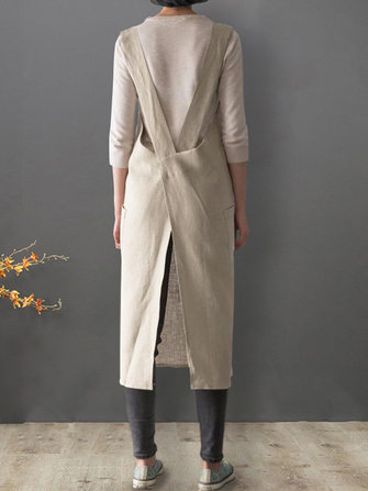 日本のクロスバックポケットソリッドコットンエプロンドレス