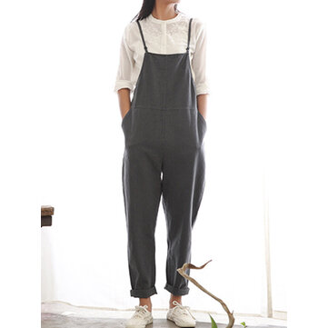 Casual Women Pure Color Side Button Band Katoenen Overalls 