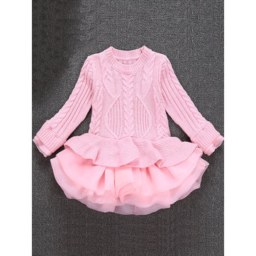 Thick Warm Winter Christmas Patchwork Lace Girls Dress