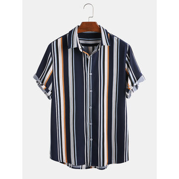 Mens New Fashion Dark Blue Striped Short Sleeved Shirts