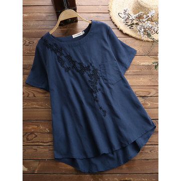 المرأة عارضة مطرزة طاقم الرقبة قصيرة الأكمام تي شيرت