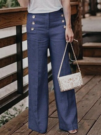 Women Casual Cotton Linen Solid Color High Waist Button Pant
