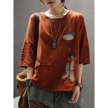 Women Casual Cartoon Embroidery Half Sleeve T-Shirts
