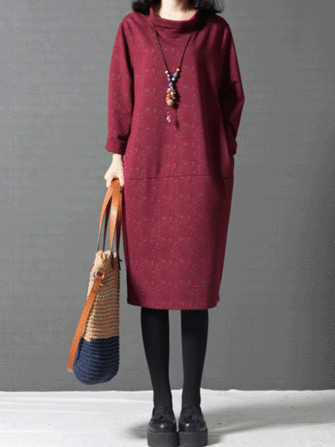 Mulheres vintage vestido de gola longa com mangas compridas com bolsos