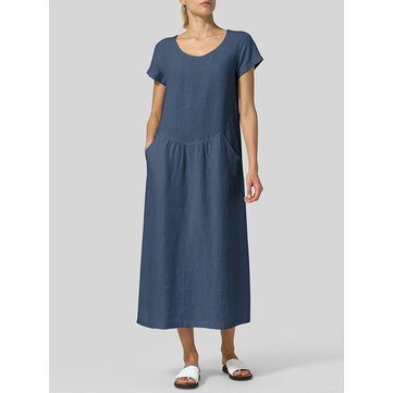 Retro Women Solid Color Short Sleeve Crew Neck Dress