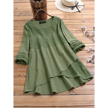 Kanten patchwork onregelmatige ronde hals Plus Maatblouse