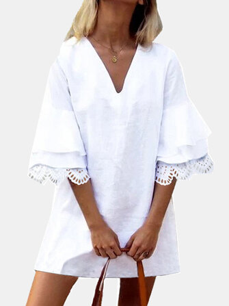 Düz Renk Dantel Fırfır Yarım Kol V Yaka Günlük Elbise