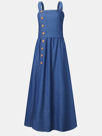 Effen kleur bandjes Knop Mouwloze denim maxi-jurk