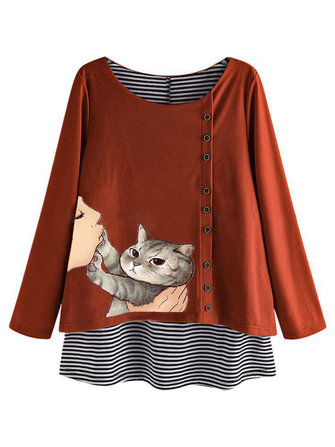 Camicetta a maniche lunghe O-collo patchwork di gatto Cat Stripe Cartoon