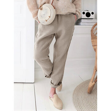 Bolsos laterales de algodón puro simple y cómodo para mujer Pantalones