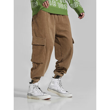 Hombres Retro Pana Multi Bolsillos Grueso Suelto Ajuste Pantalones