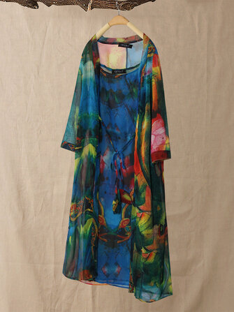 Gracila Vintage Zwei Stücke Sätze Streifen 3/4 Ärmel Drucken Kleid