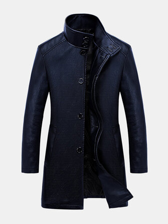 Men's Mid-Long Stand Collar PU Jacket Coat